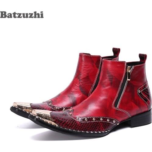 Batzuzhi Western Fashion Men Boots Shoes Pointed Leather Ankle Boots Men Zip Metal Tip Party and Wedding Boots for Men botas hom