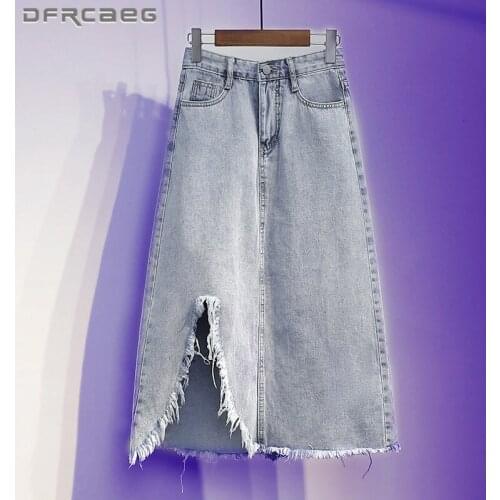 Summer Womens Plus Size Denim Skirt Long 2021 High Waist Irregular Ripped Pencil Skirts Jeans Femme 4XL 5XL