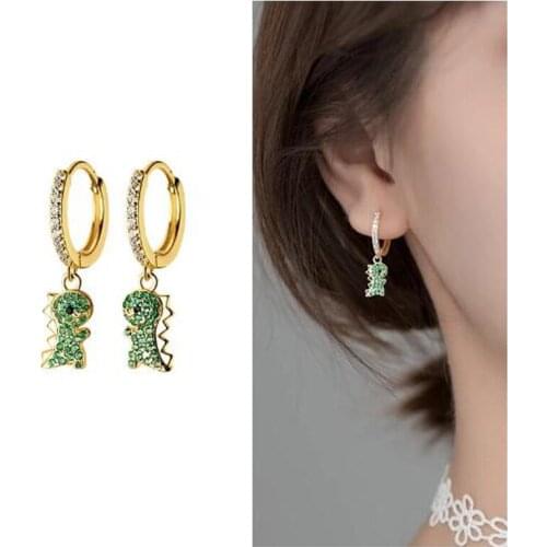 MEEKCAT Real 925 Sterling Silver Cute Little Dinosaur with Green Zircons Earrings Gold Tone Short Drop Earrings for Women Girls