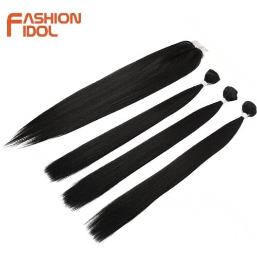 FASHION IDOL Straight Hair Bundles With Closure Synthetic Yaki Hair Weft 22inch 4pcs/Pack Ombre Silver Grey Hair Weaving Bundles