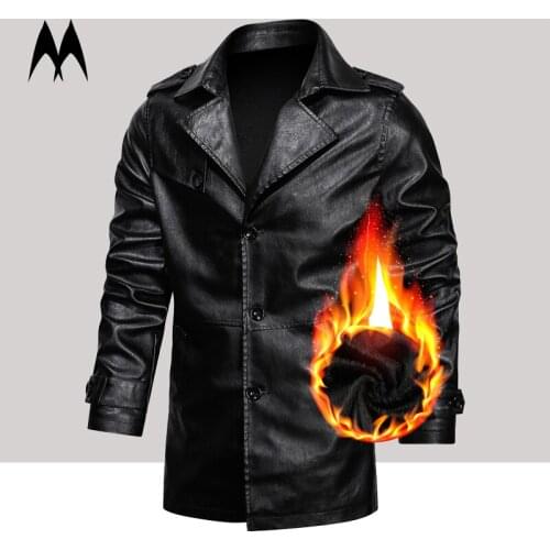 2021 New Fashion Mid Length Overcoats Men Fleece Leather Jackets Motorcycle PU Jacket Mens Autumn Winter Thicken Warm Male Coat