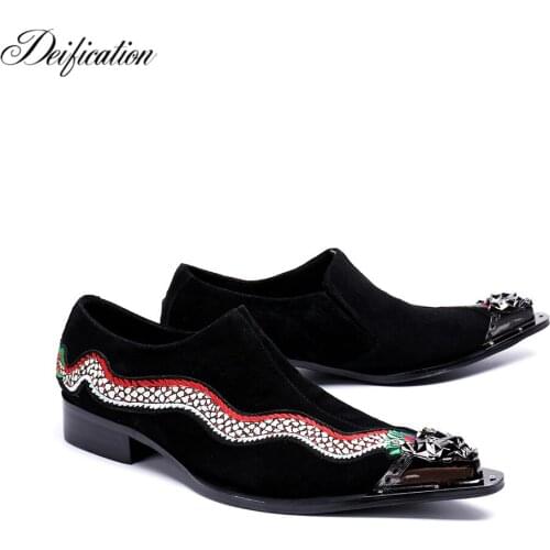 Deification Italian Leather Mens Dress Shoes Metal Pointy Toe Chaussure Homme Luxury Male Formal Party Shoes Flats Plus Size 47