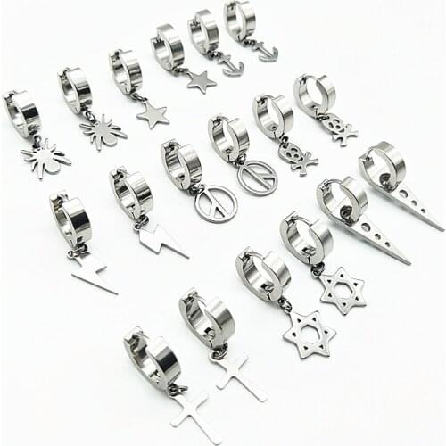 Punk Men Ear Stud Circle Round Spider Star Cross Peace Skull Earrings for Men Cuff Earings Stainless Steel Hip Hop Male Jewelry
