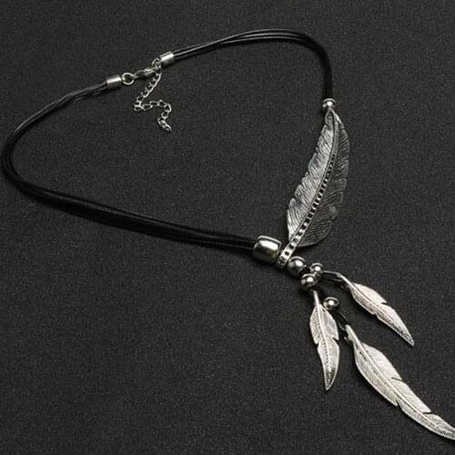 New Bohemian Style Rope Chain Leaf Feather Pattern Pendant For Women Fine Jewelry Collares Statement Necklace NIN668