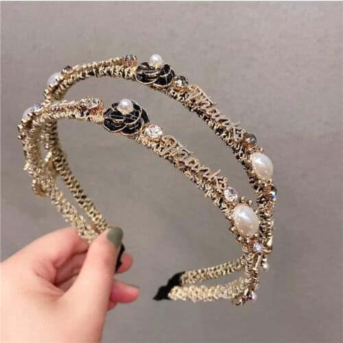 Camellia Flower Hairbands Rhinestone Letters Pearl Headband for Women Designer Crystal Head Hair Hoop Headdress Hair Accessories