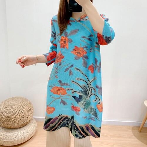 Issey miyake pleated Chinese style top dress woman 2021 autumn new retro vintage mid-length niche mid-length T-shirt dress