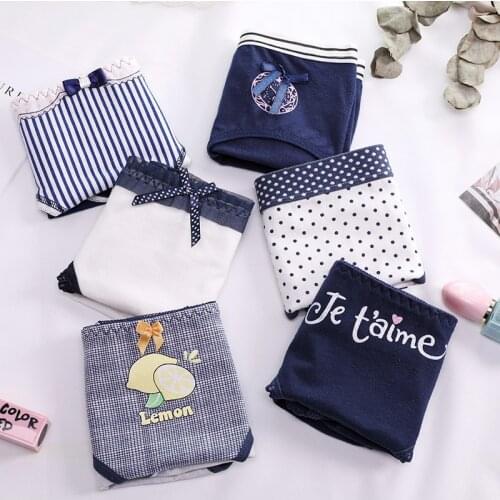 Free shipping 5pcs/lot Lady briefs Womens cotton panties navy blue cotton cartoon print female student girl underwear AM-A2011