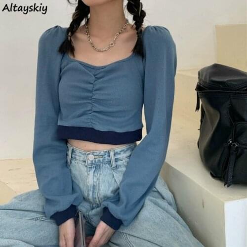 Cropped Shirts Women Slim Leisure Patchwork Autumn All-match Puff Sleeve Stylish Student BF Style Popular Simple Female Blouses
