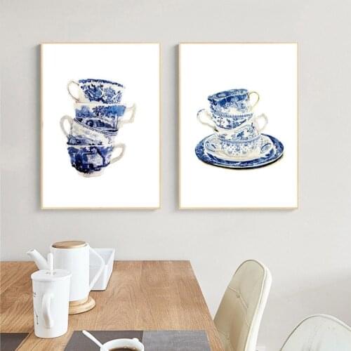 Vintage Tea Cups Watercolor Art Prints Blue White Willow Tea Cup China Art Canvas Painting Wall Art Pictures Poster Home Decor