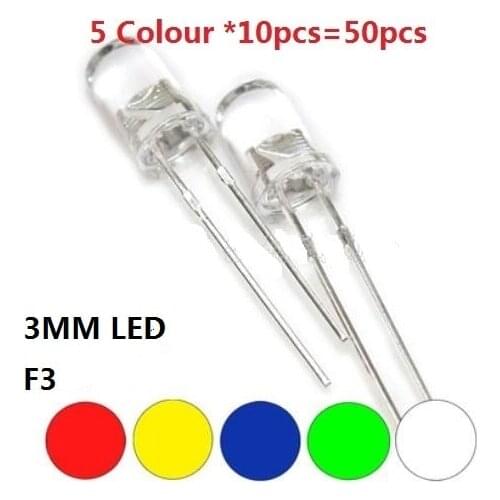 Green Red White Blue Yellow Colour 50PCS=5 Value * 10pcs 3MM Transparent Cove LED kit set Assortment DIY F3 Assorted pack