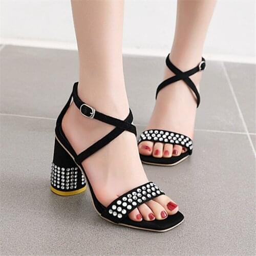 Women Shoes Sandals Summer Ankle Wrap Sandals High Heels Chunky High Heel Work Shoes Black Pink yellow Big Size 43