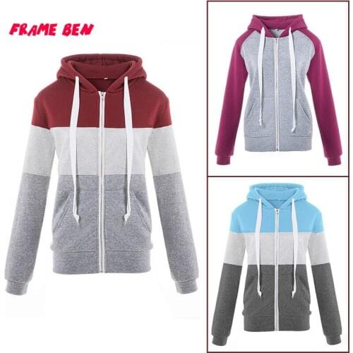 FRAME BEN Autumn Women 2019 Autumn Winter Hooded Long Sleeve Patchwork Sweatshirt Zipper Hoodies Plus Size Coat Female Sweat