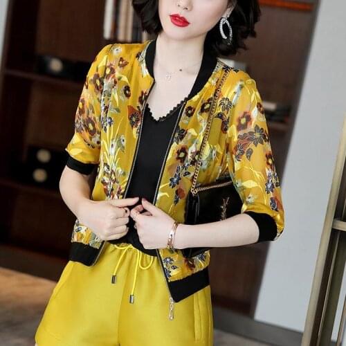 2020 Women Jackets Flower Floral Print Retro Ladies Zipper Up Short Thin Slim Bomber Coats Basic Casual Outerwear windbreaker