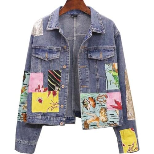 2020 spring new heavy vintage jeans coat sequins handmade patch irregular denim jacket women