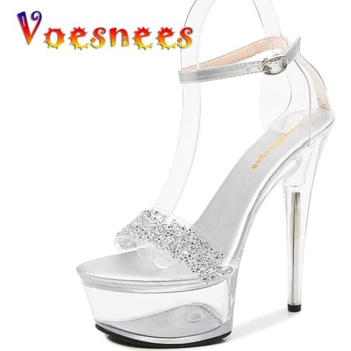 Voesnees Fine Heel Crystal Womens Sandals Summer New 15 cm High Heels Sexy Comfortable Ladies Wedding Shoes Catwalk Pole Dance