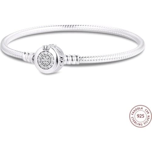 100% 925 Sterling Silver Moments Sparkling Crown O Snake Chain Bracelets for Women Fine Jewelry Gift Charm Bracelet Bijoux