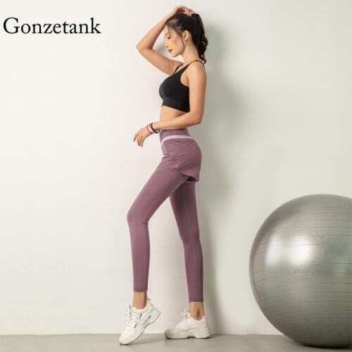 Women Yoga Pants Tight Elastic Nude Cotton Fake Two-piece Stretch Sports Leggings High-waist Buttocks Tights Feet Fitness Pants