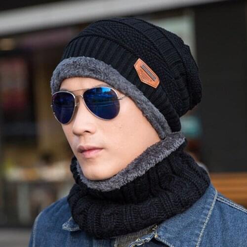 2pcs knit scarf cap neck warmer Winter Hats For Men women warm Outdoor Sport Baggy Beanies Fleece Knit Bonnet Hat balaclava