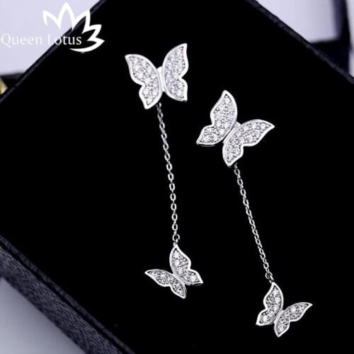 Queen Lotus 2018 Trendy Earrings For Women Rhinestone Crystal Earrings Butterfly Stud Dual use Earrings Pendant Tassel Jewelry