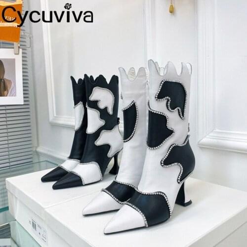 Designer Mid-calf Boots High Heel Shoes For Women Zip Pointed Toe Goblet Heel Women Boots Sexy Crystal Party Botas Winter Shoes