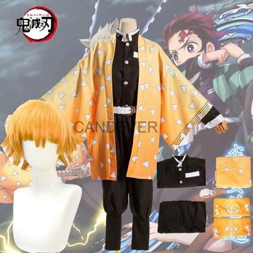 Anime Demon Slayer Kimetsu no Yaiba Agatsuma Zenitsu Cosplay Costume Japanese Mens Kimono Uniform Halloween Wig boys child kids