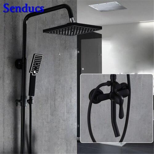 Senducs Black Bronze Shower Set Square Bathroom Top Shower 8 Inch Brass Shower System High Quality Black Bronze Shower Set