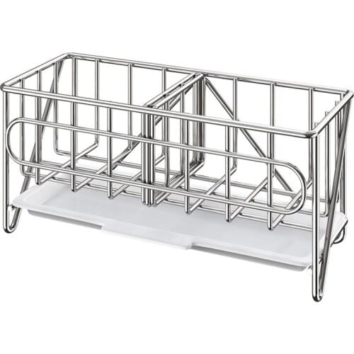 Sink Caddy Organizer Countertop Sponge Brush Soap Holder with Drain Pan Stainless Steel for Kitchen Retail