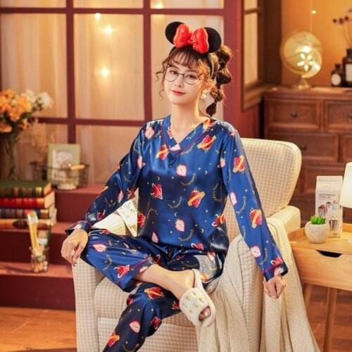 Pajamas for Women 2021 Spring Summer Womens Silk Long Sleeve Loose Print Thin Women Sleepwear Set Long Pants Home Wear Clothes