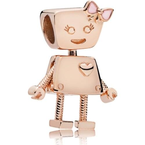 Genuine 925 Sterling Silver Bead Charm Rose Gold Cute Bella Bot Robot Beads Fit Pan Bracelet Bangle Necklace Diy Jewelry