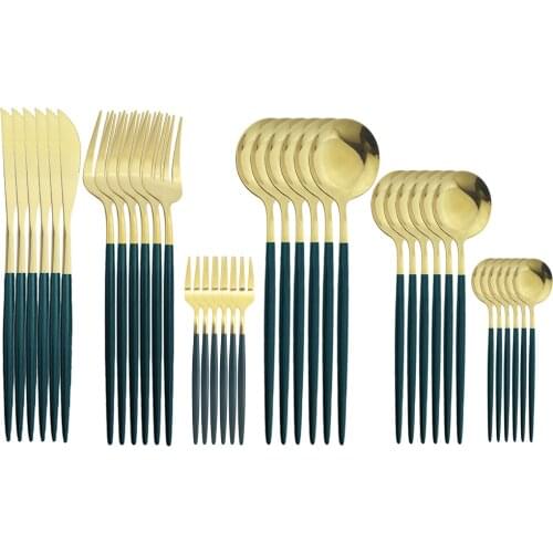 36Pcs Green Gold Tableware Sets Knife Cake Forks Coffee Tea Spoons Cutlery Set Stainless Steel Flatware Set Dinnerware Kitchen