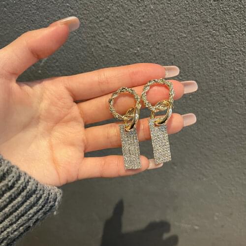 Rhinestone Geometric Circle Earrings Women 2021 New Rectangle Dangle Earrings Female Elegant Bling Jewelry Trendy Drop Earrings