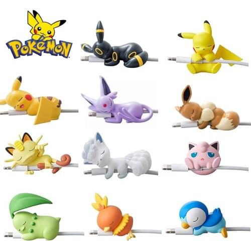 USB Cable Bites Pokemon Kawaii Pikachu Figures Eevee Data Cable Protective Cover Earphone Cartoon Cute Bulbasaur Kids Toys Gift