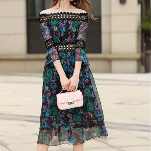 Peacock Green Chiffon Hollow-out Slash Neck Women Long Summer Dress Elegant A-line Flare Sleeve Bohemian Casual Party Dresses