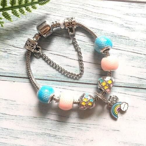 ZKCEENIER Fashion Sliver Rainbow Charms Bracelet With Love Heart Beads Bracelet Fit DIY Woman Girl Bracelet Jewelry Gift