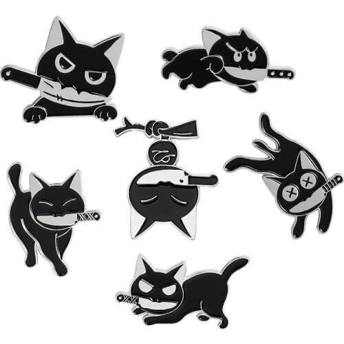 Black Killer Cat Enamel Pins Funny Animal Kitten Badge Shirt Coat Lapel Pin Cartoon Brooches Jewelry Gifts for Kids Friends