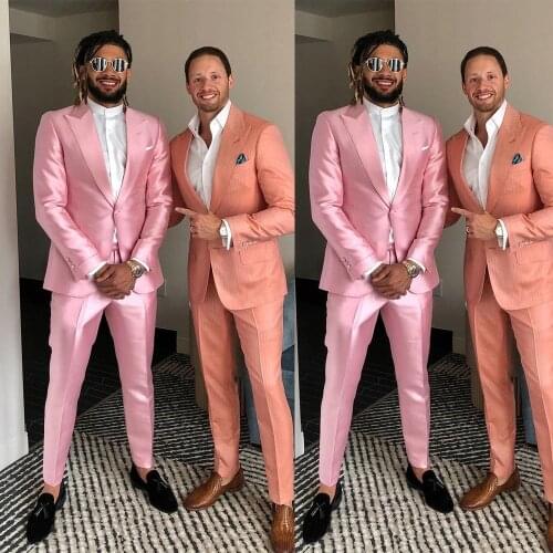 Bright Pink Men Suits Wear Wedding Blazer Tuxedos Plus Size Clothes for Groom Prom Coat Pants 2 Pieces