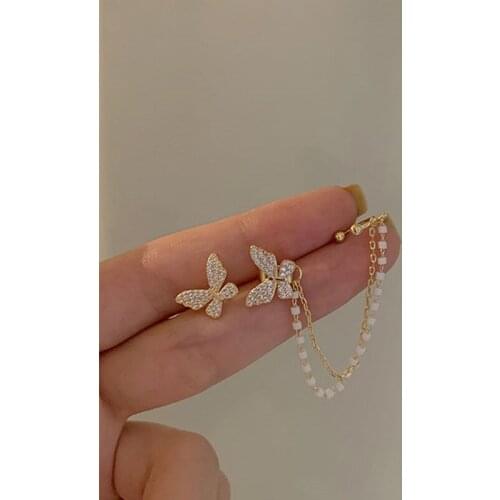 2021 New Korean Elegant Cute Rhinestone Butterfly Stud Earrings For Women Girls Fashion Metal Chain Boucle Jewelry Gifts