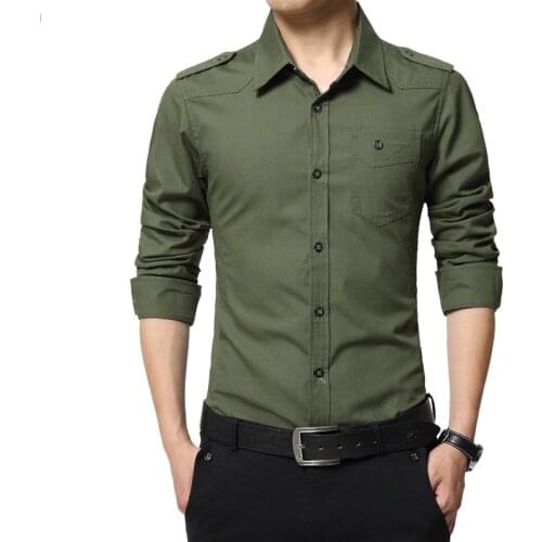 2020 Mens epaulette Shirt Fashion Full Sleeve epaulet Shirt Military Style 100% Cotton Army Green Shirts with epaulets