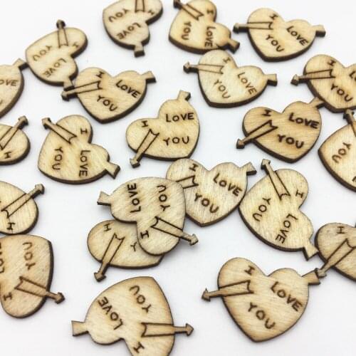 50pcs Laser Cut Out Natural Wood Heart With Cupids Arrows I Love U Chips Confetti DIY Crafts Supplies Embellishments 15X24mm
