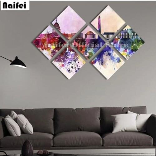 7 pcs watercolor city scenery DIY Diamond Painting full square round Diamond Embroidery Cross Stitch Mosaic sticker home decor
