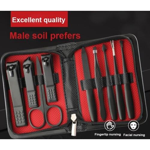 9-piece Stainless Steel Black Nail Clippers Set Portable Manicure Scissors Tweezer Eagle Hook Ear Spoon Pedicure Finger Tool