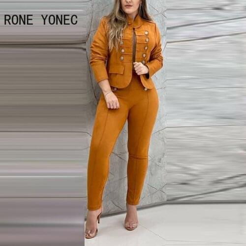 Women Solid Elegant button Stand Collar Short Tops Skinny Pencil Pants Blazer Sets