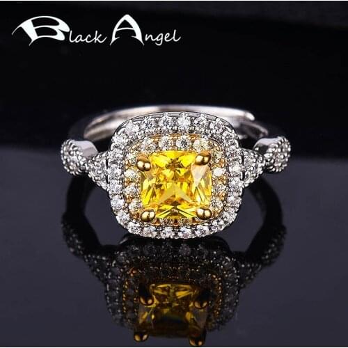 BLACK ANGEL 925 Sterling Silver Fashion Shiny Bling Square Citrine Gemstone CZ Adjustable Ring For Women Wedding Jewelry Gift