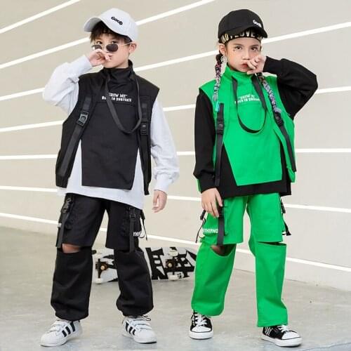 Kids Hip Hop Carnival Clothing Sleeveless Jacket Top Streetwear Tactical Cargo Pants For Girls Boys Modern Jazz Dance Costume