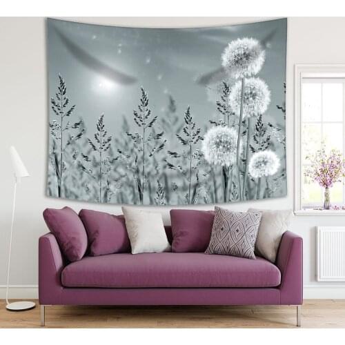 Tapestry Fluffy Dandelion Flower Grass Against the background of the Summer Sun Wild Nature Landscape Gray Photo Printed
