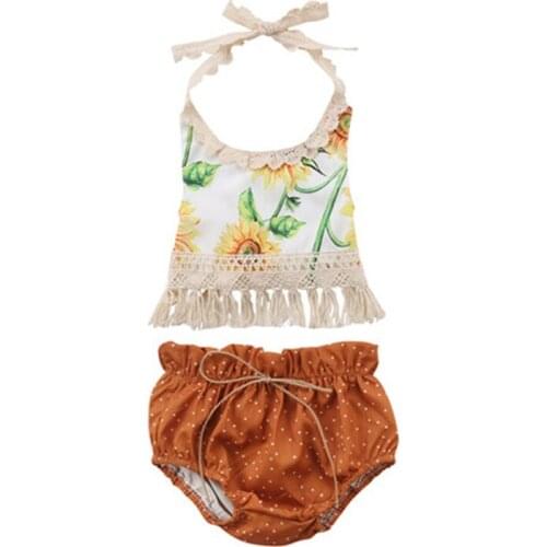 2pcs Tassels Newborn Baby Girls Lace Flower Halter Tops Short Pants Outfits Clothes Children Clothes Summer O-neck Cotton
