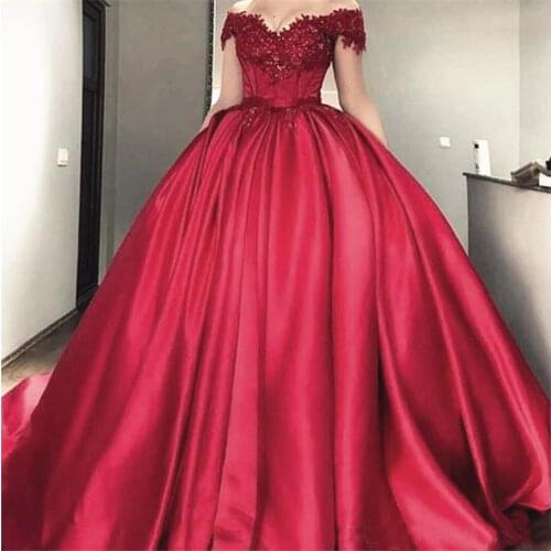 Off the Shoulder Lace Appliques Burgundy Satin Wedding Dresses Ball Gowns Corset Back Bridal Gowns vestidos de noiva