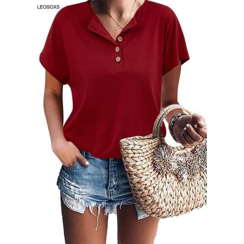 Summer Womens Clothing 2021 New Fashion Style Blouse Button Short-sleeved T-shirt Solid Color Loose All-match Blouse