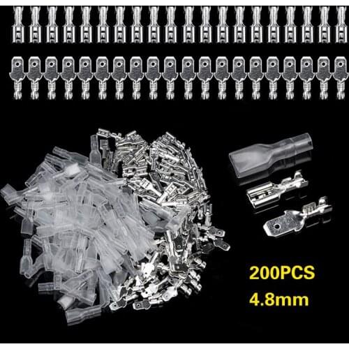 200Pcs/Set Silver Crimp Spade Terminals Kit 4.8mm Female+Male Connectors with Insulated Sleeves 22-16 AWG