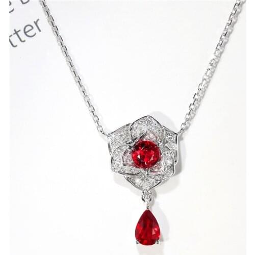 Charm Flower Ruby Diamond cz Pendant 925 Sterling Silver Party Wedding Pendants Chain Necklace For Women Bridal Fine Jewelry